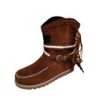 thumbnail image 2 of Round Toe Flat Heel Platform Suede Flat Belt Buckle Fringed Short Boots Women's Boots, 2 of 5