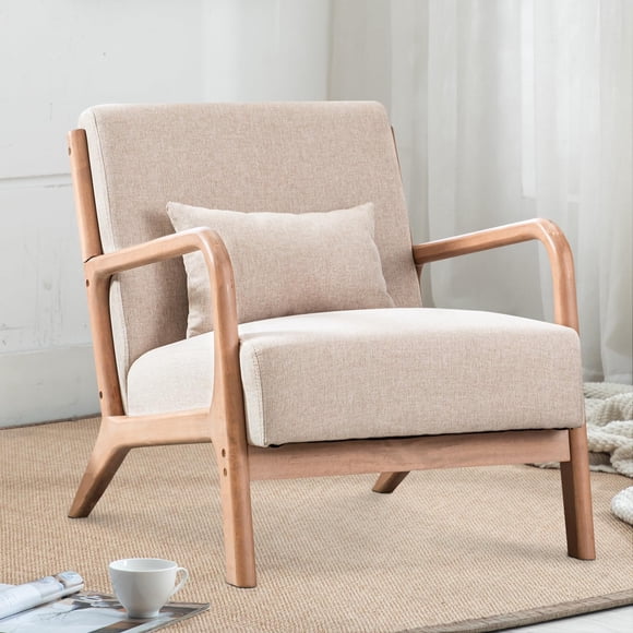 Bonzy Home Accent Chair, Mid Century Modern Armchair with Wood Frame & Waist for Living Room, Bedroom, Reading (Beige)