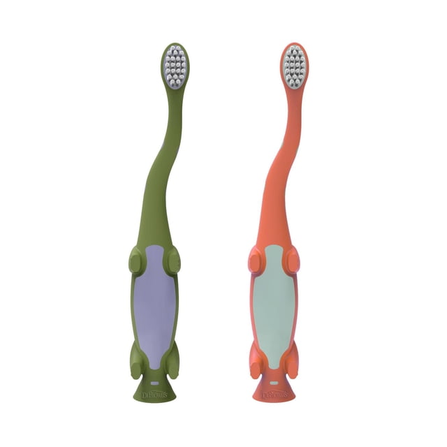 Dr. Brown's Brosse à Dents pour Tout-Petits à Poils Souples - Dinosaure Vert et Orange - Lot de 2 - 1 à 4 Ans, Montrant Deux Brosses à Dents pour Tout-Petits en Forme de Dinosaure avec Poils Souples, une Verte avec accents Violets et une Orange avec accents Bleu Pâle, Chacune avec une base à Ventouse pour Rangement Vertical, Conçue pour les Tout-Petits de 1 à 4 Ans pour Soutenir un Brossage Autonome.