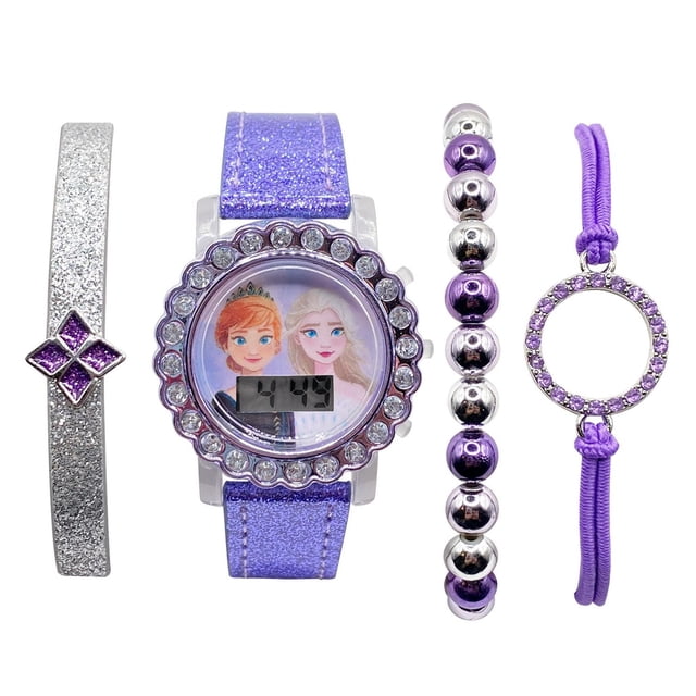 Frozon Kids flashing dial LCD Watch With Bracelet Set featuring a purple sparkle strap watch with a digital display showing Elsa and Anna, surrounded by clear rhinestones on the bezel, accompanied by three bracelets: a silver glitter band with a purple diamond-shaped charm, a beaded bracelet with purple and silver beads, and a purple cord bracelet with a rhinestone-studded circular charm.