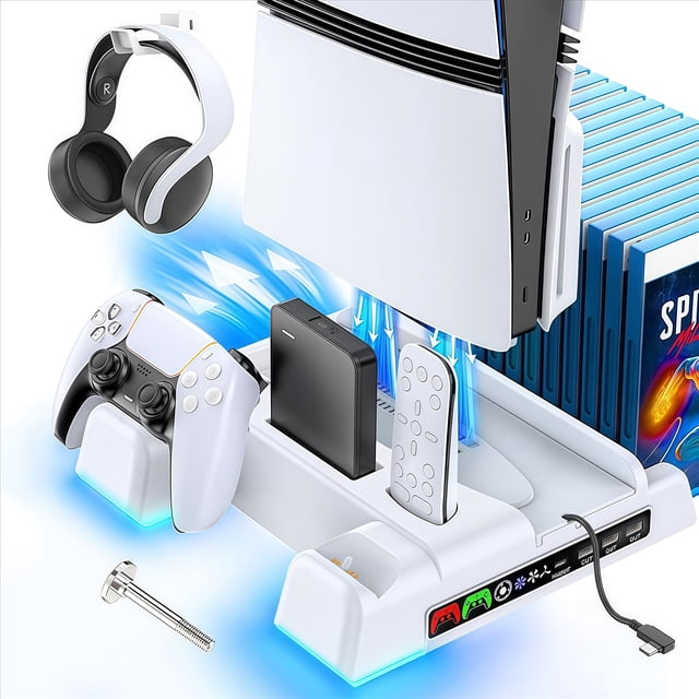 PS5 Pro Cooling Stand with LED Controller & Charging Station – 3-Level Fan Cooling Dock for PlayStation 5 / Slim / Pro, Includes Controller Charger and Accessories Kit