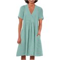 thumbnail image 1 of Swstbby Liquidation d'Économies d'Été! Robe d'Été pour Femmes, Robe Décontractée Ample Mode Rétro en Coton et Lin à Manches Courtes, Col en V, Plissée Vert Menthe G, 1 of 5