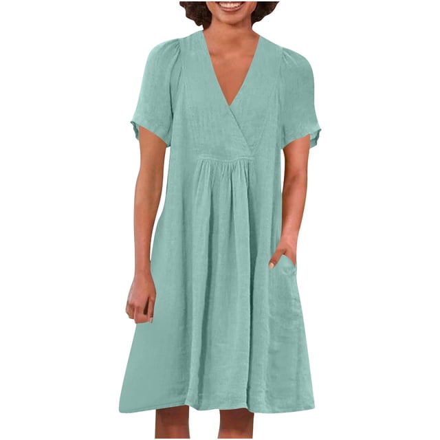 Swstbby Liquidation d'Économies d'Été! Robe d'Été pour Femmes, Robe Décontractée Ample Mode Rétro en Coton et Lin à Manches Courtes, Col en V, Plissée Vert Menthe G