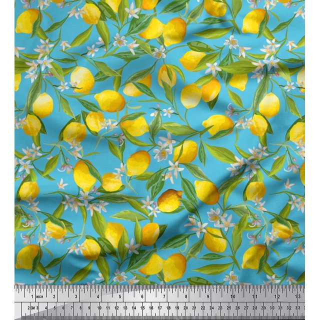Soimoi Poly Georgette Fabric Leaves,Floral & Lemon Vegetable Decor Fabric Printed Yard 42 Inch Wide