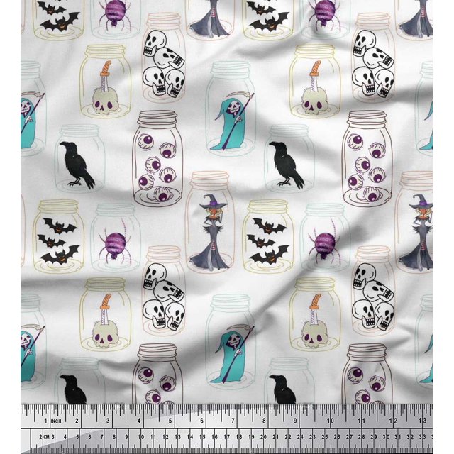 Soimoi Polyester Crepe Fabric Ghost,Skull & Witch Halloween Print Sewing Fabric Yard 42 Inch Wide
