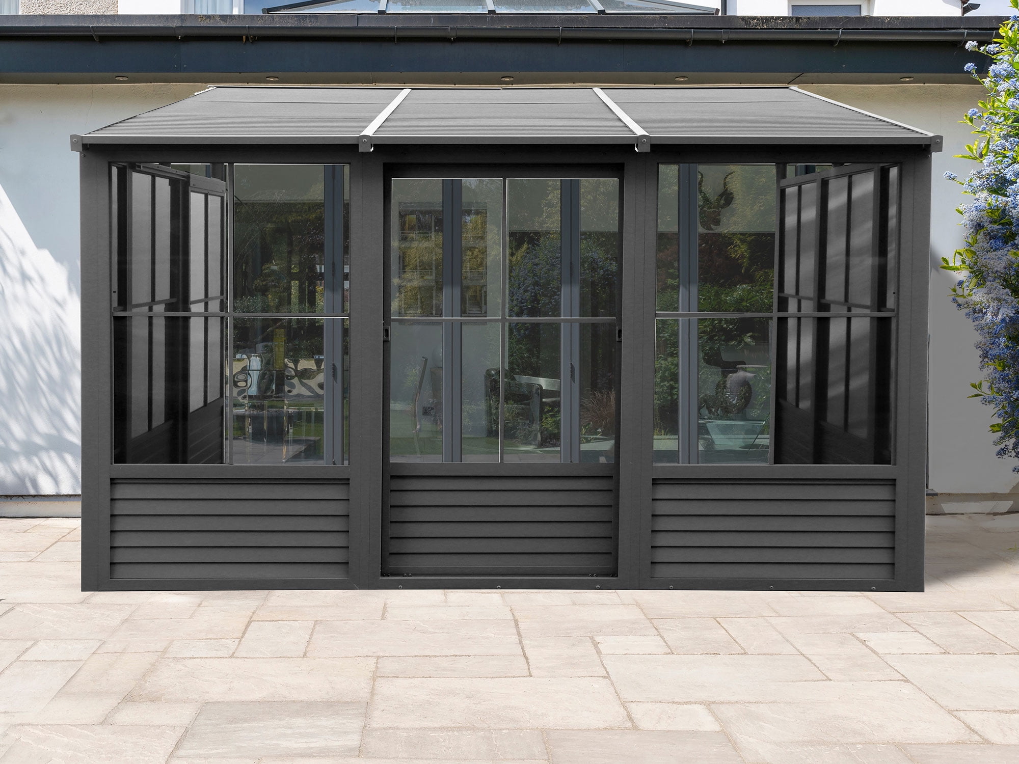 Gazebo Penguin Florence 10 ft x 12 ft Metal Roof Wall Mounted Solarium - Slate