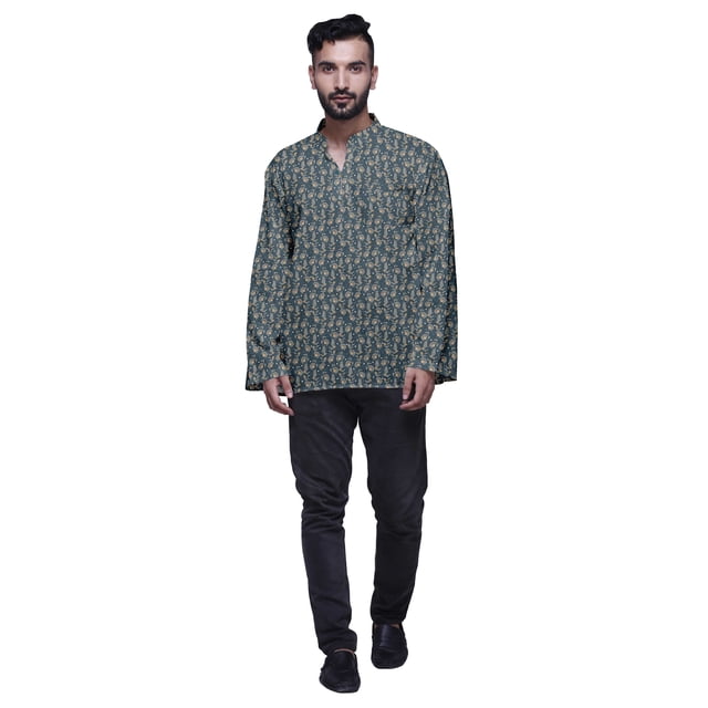 Atasi Kurta Décontractée Imprimée à Col Chinois Chemise Ethnique Kurta Courte pour Homme Tunique