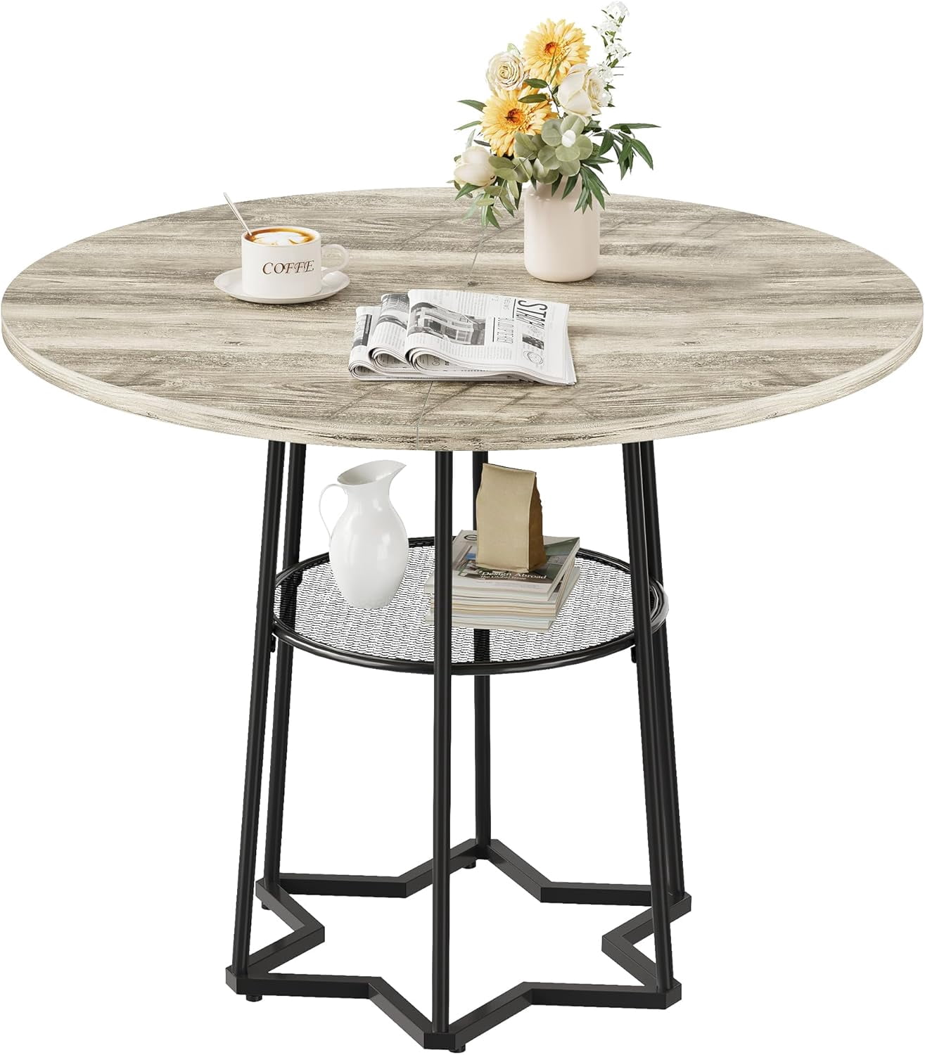 Ourlova Round Dining Table for 4 39 inch Wood Dining Room Tables with Storage Shelf Farmhouse Kitchen Table with Metal Base for Home Dining Room Living Room GreyOnly Table