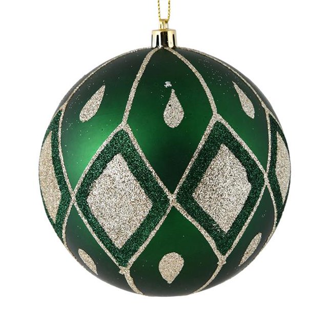Vickerman N188124D 4.75 in. Emerald Matte Ball Ornament with Glitter Diamond Pattern 4 per Pack