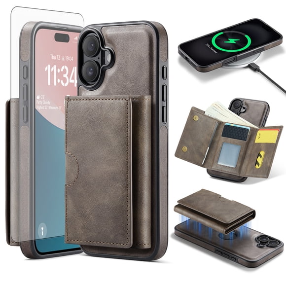 Asuwish Phone Case for iPhone 16 Plus 6.7 inch Wallet Magnetic Detachable Cell Cover with Wireless Charging and RFID Blocking Credit Card Holder Flip Stand i Phone16 16+ i16 + 16Plus Women Men Gray