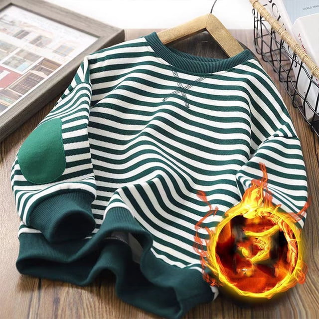 RXIRUCGD Mode Fille et Garçon Enfants Décontracté Manches Longues Ajouter Épais Hauts Col Rond Manches Longues Rayé Chandail à Capuchon (Vert, Taille : 4 Ans)