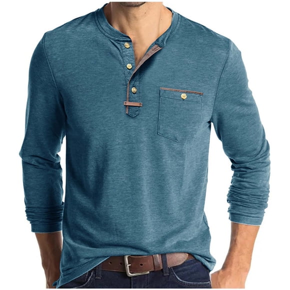 hotojiny Men's Long Sleeve Henley Shirts Comfortable Button Fall Casual T-Shirts Loose Fit Colorblock Soft Work Office Tops