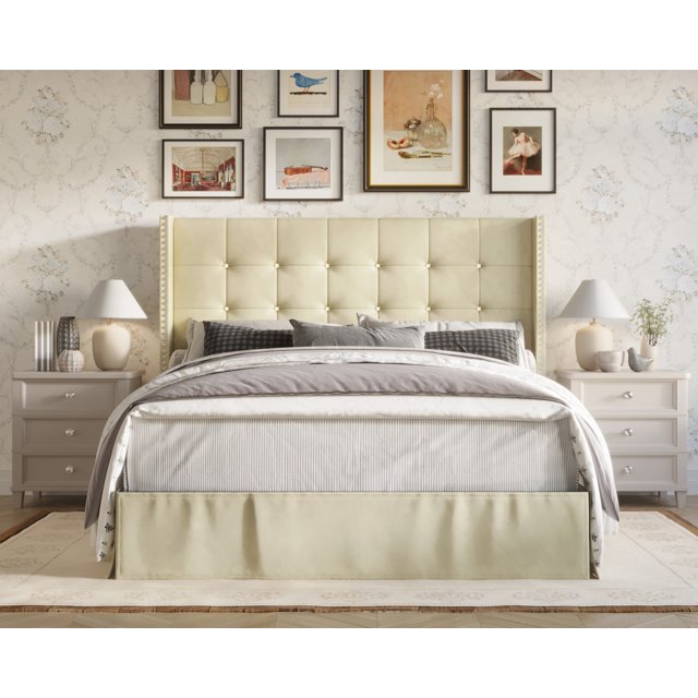 HMD Lit Plateforme Rembourré Capitonné Wilie Grand, Beige
