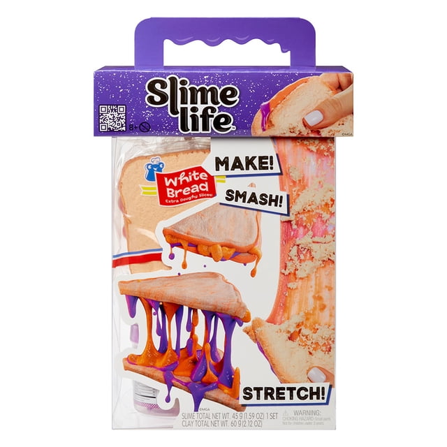 Slime Life PB&J with Chips DIY Slime Kit packaging showing realistic white bread slices with orange and purple slime resembling peanut butter and jelly dripping and stretching, designed for making, smashing, and stretching slime with a purple handle on top.