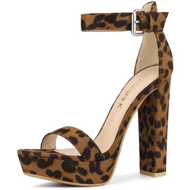 BLISSFUL STEP Chaussures pour Femmes en Faux Suède à Bride à la Cheville à Bout Ouvert à Talon Épais Haut Sandales à Plateforme Léopard 10.5
