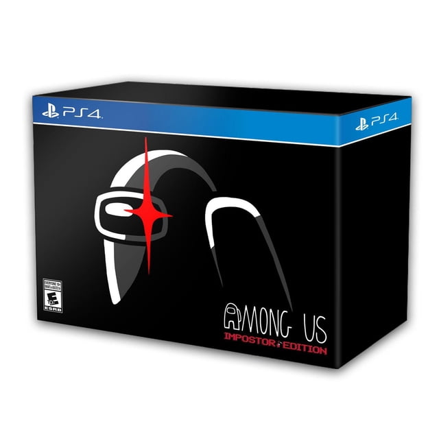 Boîte de Jeu Among Us Impostor Edition (PS4) avec Fond Noir Présentant un Casque de Coéquipier Blanc avec un Éclat d'Étoile Rouge, Image de Marque PlayStation 4, et le Titre en Texte Blanc et Rouge, Représentant le Jeu de Déduction Sociale Multijoueur Axé sur le Travail d'Équipe et la Trahison.