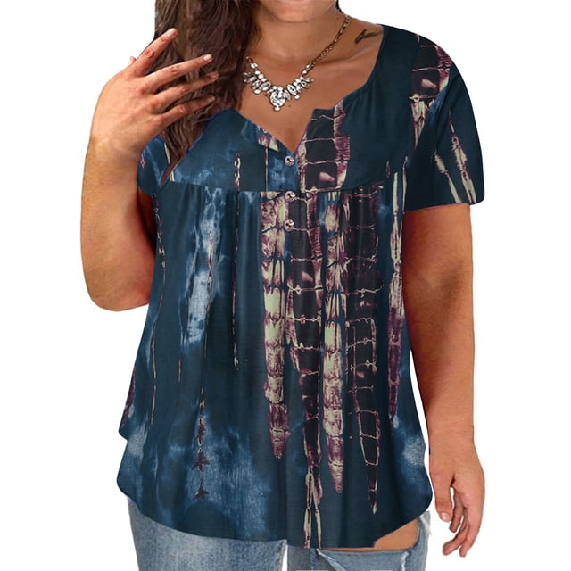 TIMIFIS Women's Plus Size Tunic Tops Summerhort Sleeve V Neck Blouses Ruffle Flowy Button Up T Shirts