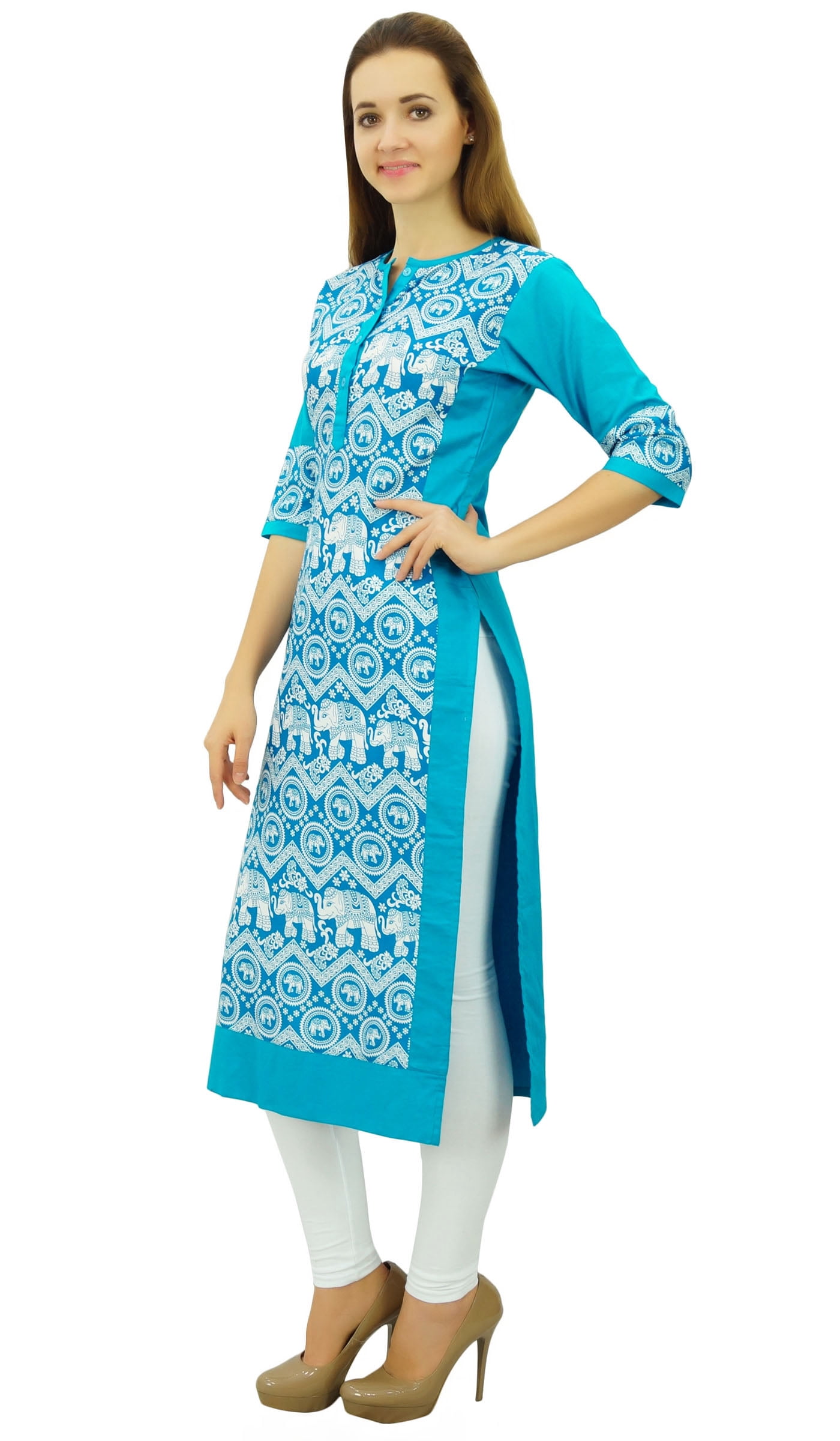 Phagun Kurta Droite Bleue de Designer pour Femme, Manches 3/4, Kurti Décontractée Imprimée-14