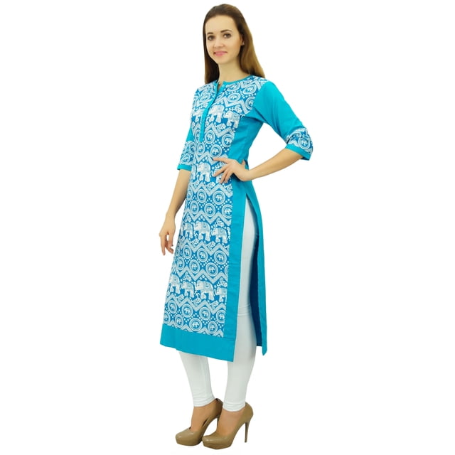 Phagun Kurta Droite Bleue de Designer pour Femme, Manches 3/4, Kurti Décontractée Imprimée-14