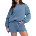 thumbnail image 2 of IROINNID Survêtement pour Femmes Ensemble 2 Pcs Rabais Blouse à Col Rond Hauts à Manches Longues Chandail Shorts Ensemble Décontracté Ensemble de Jogging, Bleu, 2 of 9