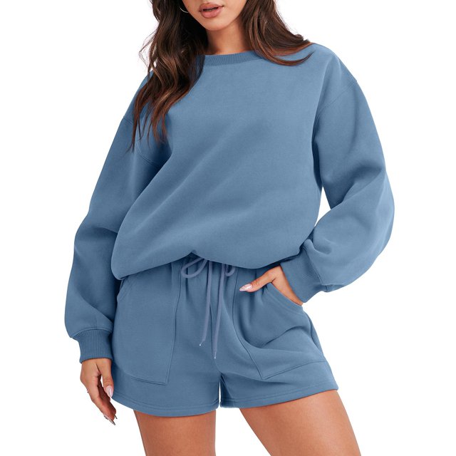 Wolfast Hauts à Manches Longues pour Femmes Aguichant Décontractés Mode pour Femmes Blouse à Col Rond Hauts à Manches Longues Chandail Shorts Ensembles de Tenue Décontractée