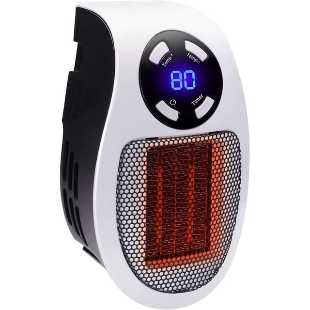 500 Watts Ceramic Fan Heater Mini Fan Heater Economical Portable Space Heater Plug-in Heater with a compact design measuring 11 x 7.5 x 18 cm. Features include an LED display, adjustable thermostat, timer, and overheating protection. The heater has a 180-degree rotatable plug for versatile outlet compatibility and is suitable for small spaces like offices or dorms. The black and white plastic body houses a ceramic heating element visible through a mesh grille, with a digital temperature display set to 80°F.