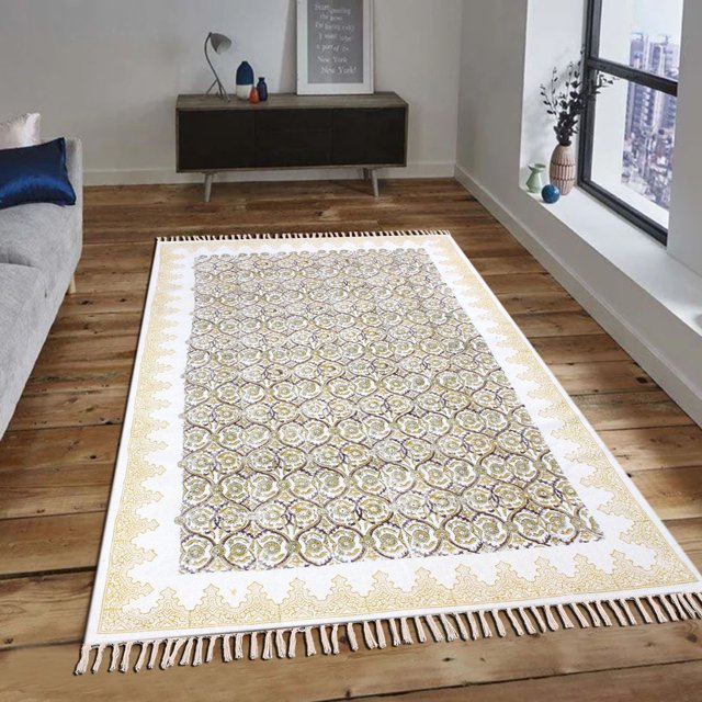 Casavani Tapis de Sol en Coton Imprimé à la Main au Bloc, Jaune 2x3 Pieds