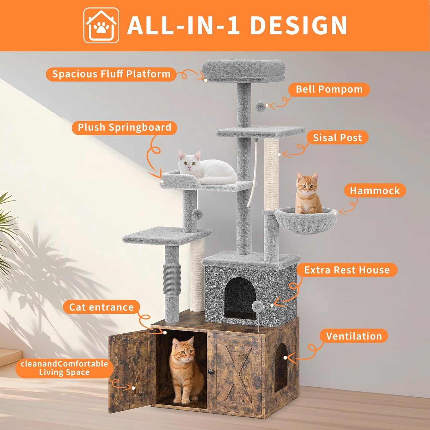 EastVita 2-in-1 Cat Tree with Litter Box Enclosure,Modern Cat Tower with Scratching Posts,Multiple Platform and Large Condo,Multilevel Indoor Kitten House,Retro Brown