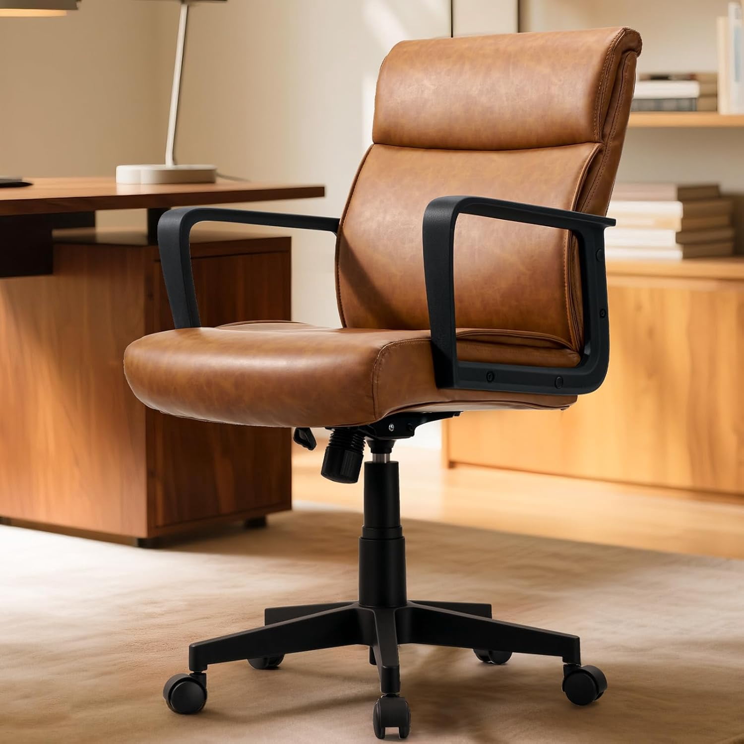 Leather Office Chair  Desk Chair with Wheels Arms  Mid Back Leather Executive Computer Chair Mid Century Chairs for Home Office