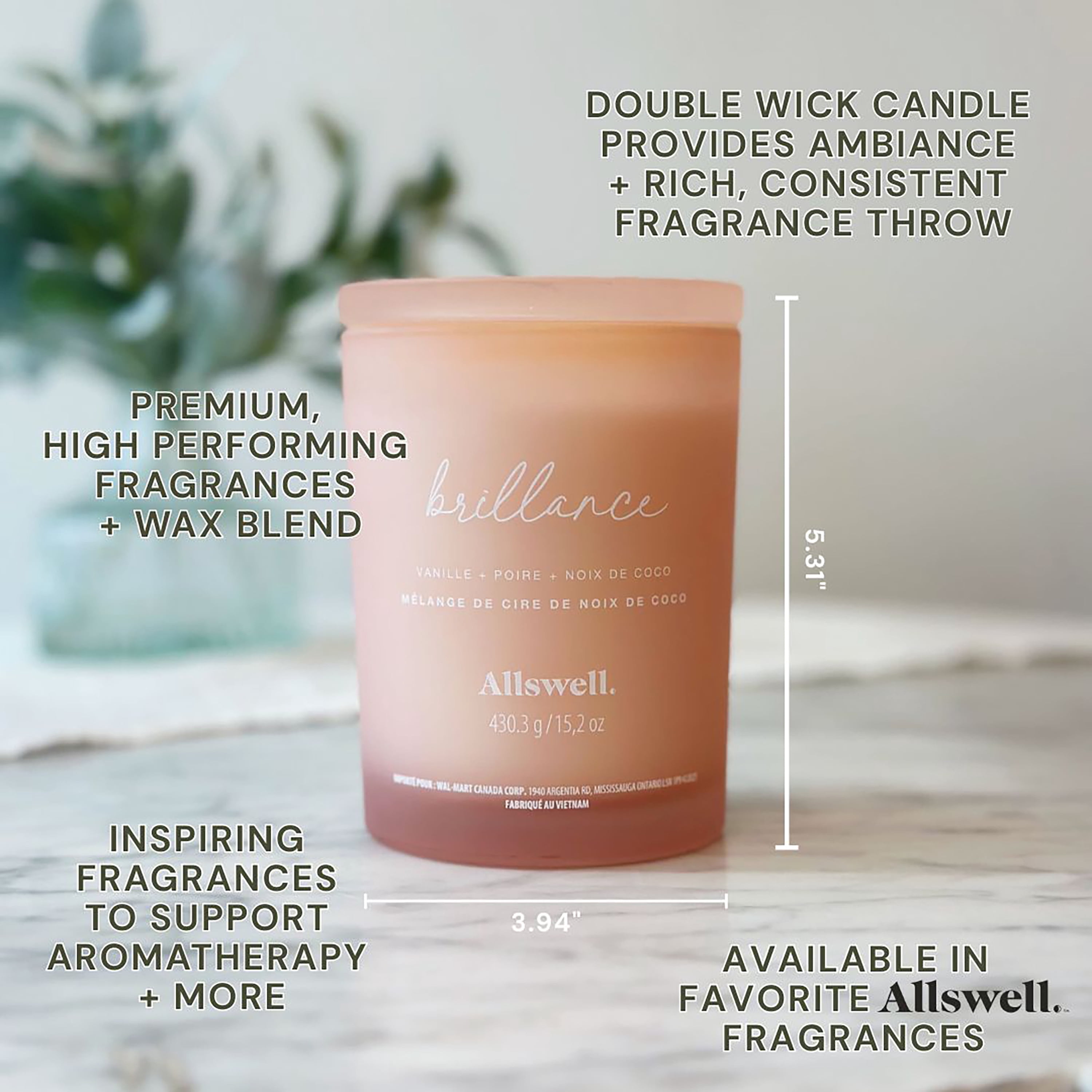 Bougie spa parfumée à la cire de noix de coco 15 oz Allswell, Brillance (Vanille + Poire + Noix de coco)