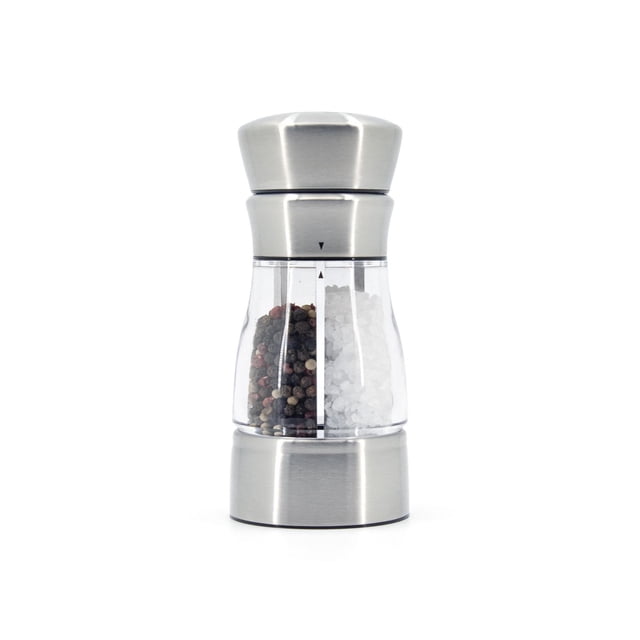 Farberware Moulin 2 en 1 à Double Sel et Pepper avec Dessus et base en Acier Inoxydable Brossé, Chambre Divisée Transparente Tenant des Grains de Poivre Noir et du Sel Grossier, Taille de Mouture Ajustable, compact pour la Cuisine Ou la Salle à Manger, Convient à un Contrôle Précis des Assaisonnements.