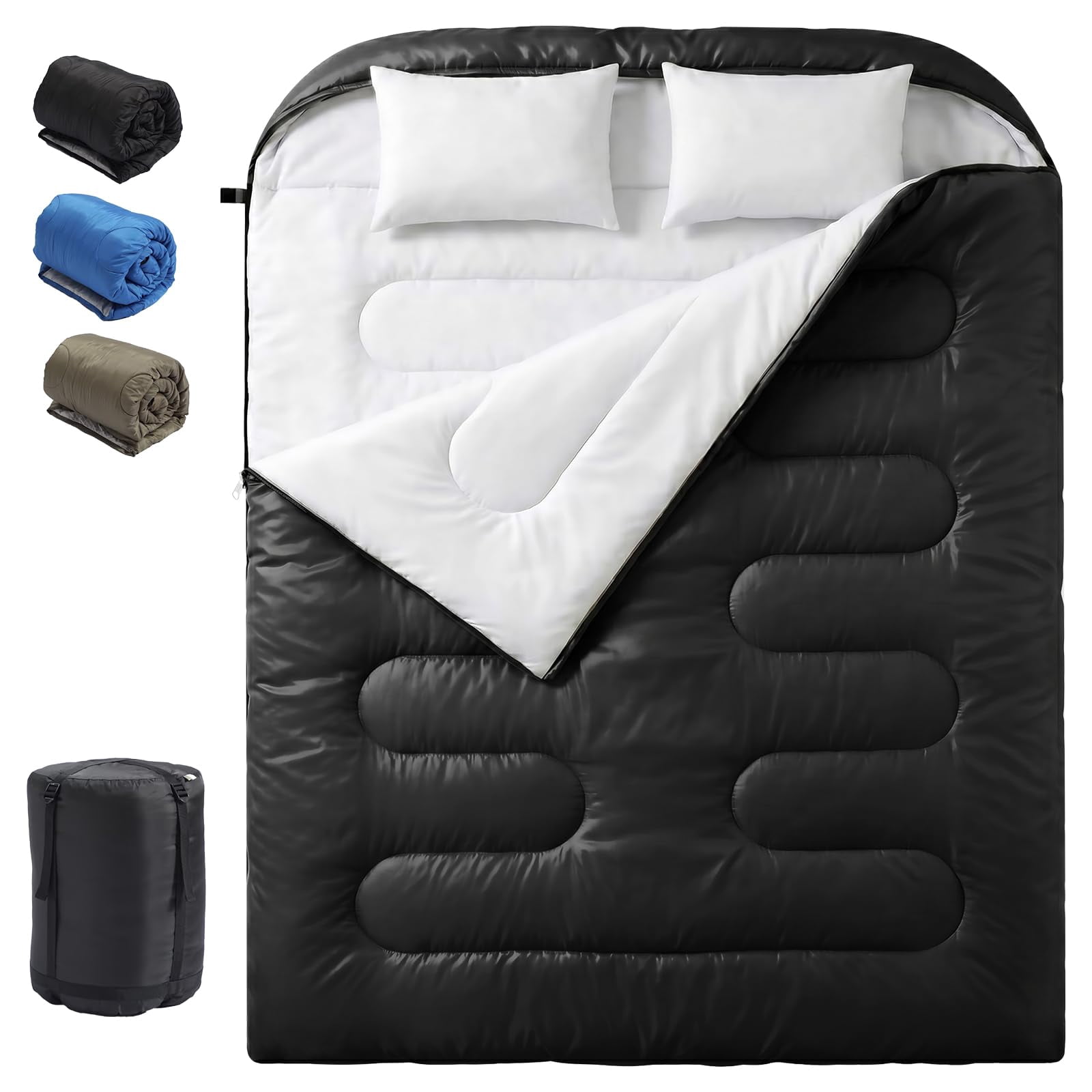 OLIXIS Double Sleeping Bag for Adults with Pillow Lightweight Portable Queen 2 Person Sleeping Bag Cold Weather Warm Zipper Sleep Bags for 3 Seasons Backpacking Camping Hiking Outdoor Adventure