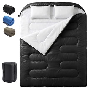 OLIXIS Double sac de couchage pour adultes avec oreiller léger Portable Queen 2 Sac de couchage pour personne Temps froid Sacs de sommeil à fermeture éclair pour 3 Saisons Backpacking Camping Randonnée Aventure en plein air