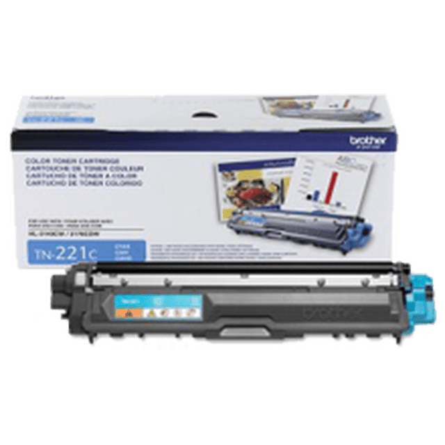 Cartouche de Toner Laser Cyan Neuve Originale BROTHER TN221C pour BROTHER MFC-9340CDW. l'Image Montre la Cartouche de Toner Cyan Parallèlement à Son Emballage de Marque. la Cartouche Offre un Rendement de 1400 pages à une Couverture de 5 %, Assurant une performance Fiable pour les Imprimantes BROTHER MFC-9340CDW. Inclut une Garantie de 1 An avec des options de Remplacement Ou de Remboursement Gratuites.