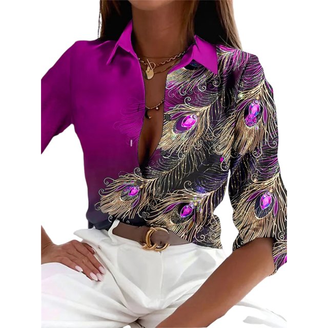 Sexy Dance Blouse pour Femmes Manches Longues Chemises Boutonnées Tunique Ample Col à Revers Violet Rouge TP