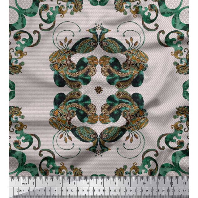 Soimoi Poly Georgette Fabric Quatrefoil & Peacock Bird Decor Fabric Printed Yard 52 Inch Wide