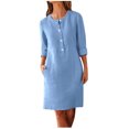 thumbnail image 3 of Meichang Robe en Lin et Coton pour Femmes, Robe Chemise à Demi-Boutonnage, Manches Longues, Col Rond, Robe Courte Chic Décontractée, Automne, Coupe Ample, Robe de Travail avec Poches, 3 of 6