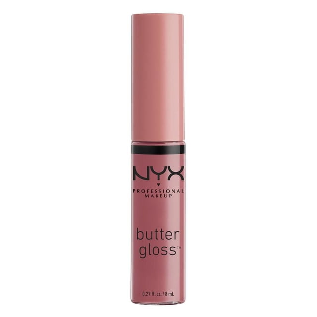 NYX Professional Makeup Butter Gloss, Lip Gloss, 8 mL in muted pink with a cylindrical tube and matching cap, black branding text, offering buttery soft, non-sticky lip gloss with medium coverage and lasting shine, suitable for layering over lipstick.