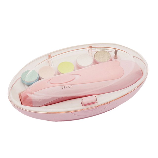 WIFKLSIIPG Baby Nail Sharpener Scratch Electric Nail Clipper Set for children, designed for nail care with a pink ergonomic body, multiple grinding heads, and a compact storage case. Features smart LED light for precise trimming and whisper-quiet motor for baby grooming. Ideal for babies and toddlers.
