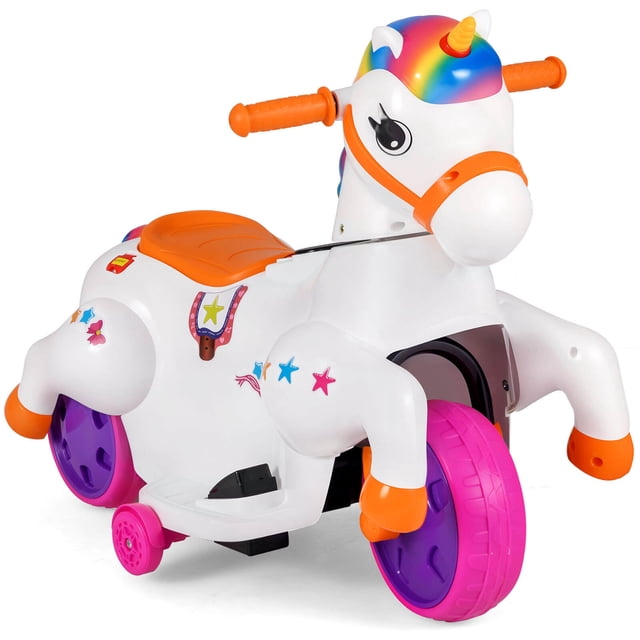 Costway 12V Kids Ride on Unicorn Toy with Training Wheels, multicolor design featuring vibrant accents, anti-slip handlebars, and a wide seat for comfort. Includes detachable training wheels, wear-resistant wheels, dynamic horse riding mode, and one-button start for easy operation. Powered by 2 6V batteries and 2 motors for smooth and engaging play.