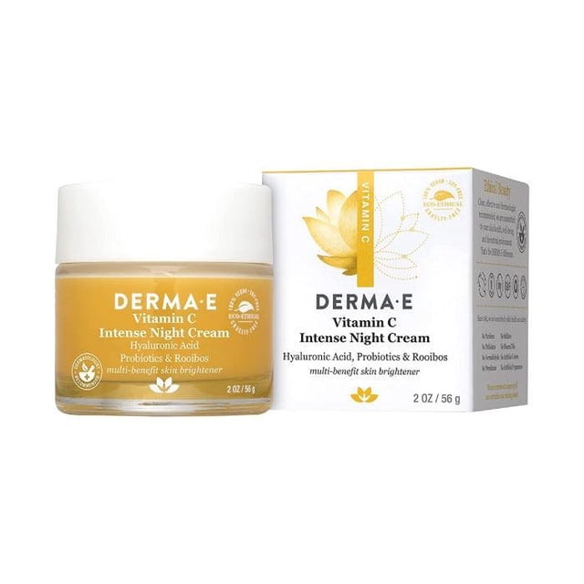 VIT C INTNSE Crème de Nuit par Derma-E en Pot de 2 oz (56 g) avec Couvercle Blanc et Boîte Assortie avec Motif Jaune et Blanc, Formulée avec Acide Hyaluronique, Probiotiques et rooibos pour Améliorer l'Hydratation de la Peau et Illuminer le Teint Irrégulier, Idéale comme Hydratant pour le Visage.