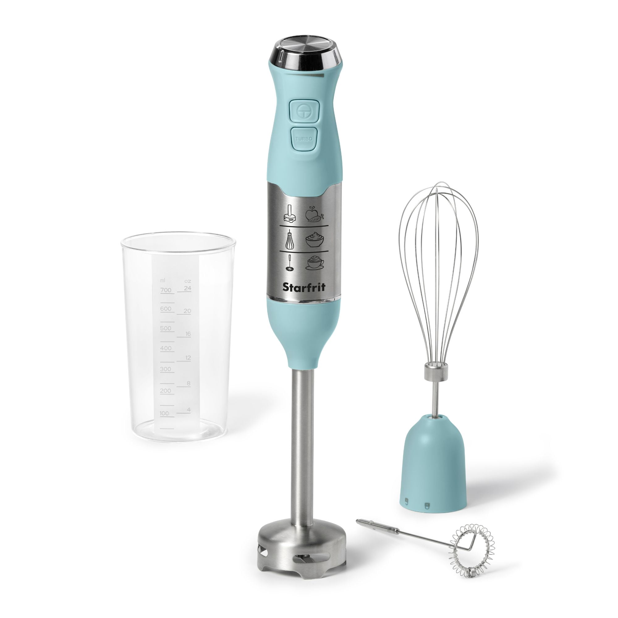 Starfrit Mélangeur à Main 3-En-1, 150W, Avec Fouet Et Mousseur, En Acier Inoxydable Amovible, Vitesse Turbo, Bleu