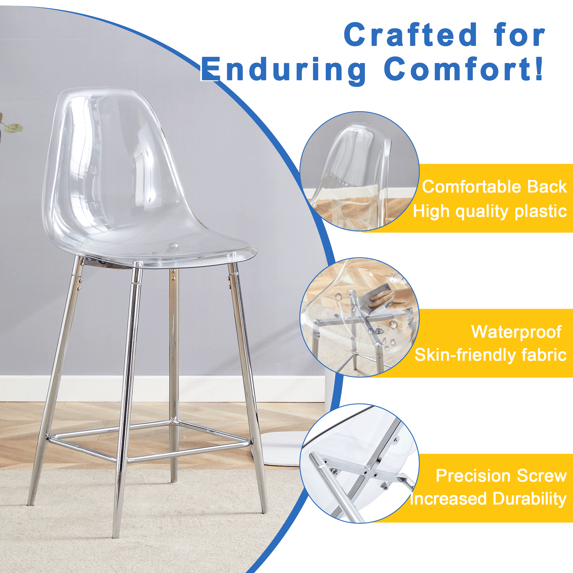 Noble House Modern Minimalist Bar Stool Set of 4,Integrated Backrest,Silver
