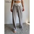 thumbnail image 2 of Pantalons Droits Décontractés Taille Haute pour Femmes Mode Col Rabattu Patchwork Fermeture Éclair Bouton Pantalons Longs Amples, 2 of 2