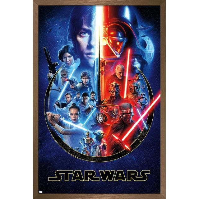 Star Wars - Skywalker Saga Wall Poster, 22.375" x 34", featuring a split blue and red design with iconic characters including Luke Skywalker, Darth Vader, Yoda, Kylo Ren, and droids C-3PO and R2-D2, set against a starry space background with the Death Star and Star Destroyers, printed on glossy poster paper and framed in wood, ideal for decorating bedrooms, offices, or dorm rooms.