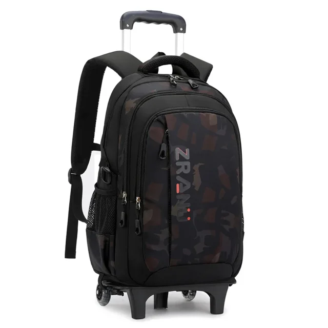 Sac à Dos Scolaire à Roulettes, Sacs d'École avec Roues Conçus pour Garçons, Présentant un Extérieur en nylon Noir Uni avec de Subtils Motifs camouflage. Ce Sac trolley Imperméable Comprend une Poignée Télescopique, des Roues Durables et Plusieurs Compartiments à Fermeture Éclair pour le Rangement. Fabriqué en polyester, Il Mesure 48 cm de Hauteur, 32 cm de Longueur et 19 cm de Largeur, Idéal pour les Élèves et les Enfants.