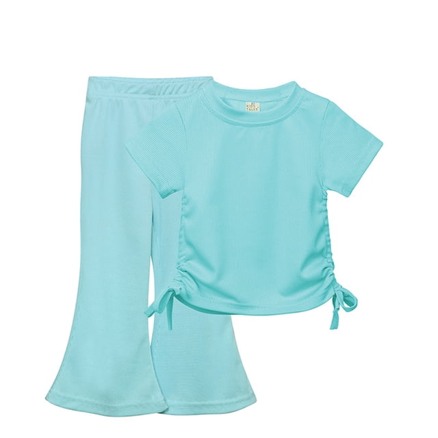 Shirts for girls Solid Short Sleeved Round Neck Top Flare Pants Two Piece Set