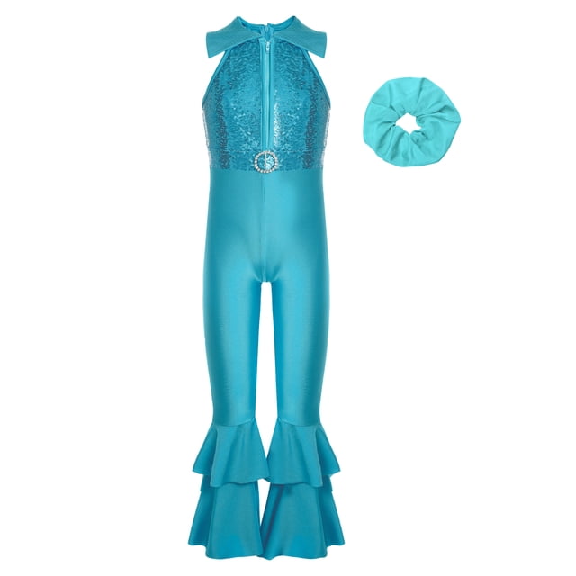 Lejafay Combinaison Justaucorps Sans Manches à Paillettes pour Filles Enfants avec Couvre-Chef Justaucorps de Danse Jazz Disco Barboteuse Tenues de Performance Bleu 8