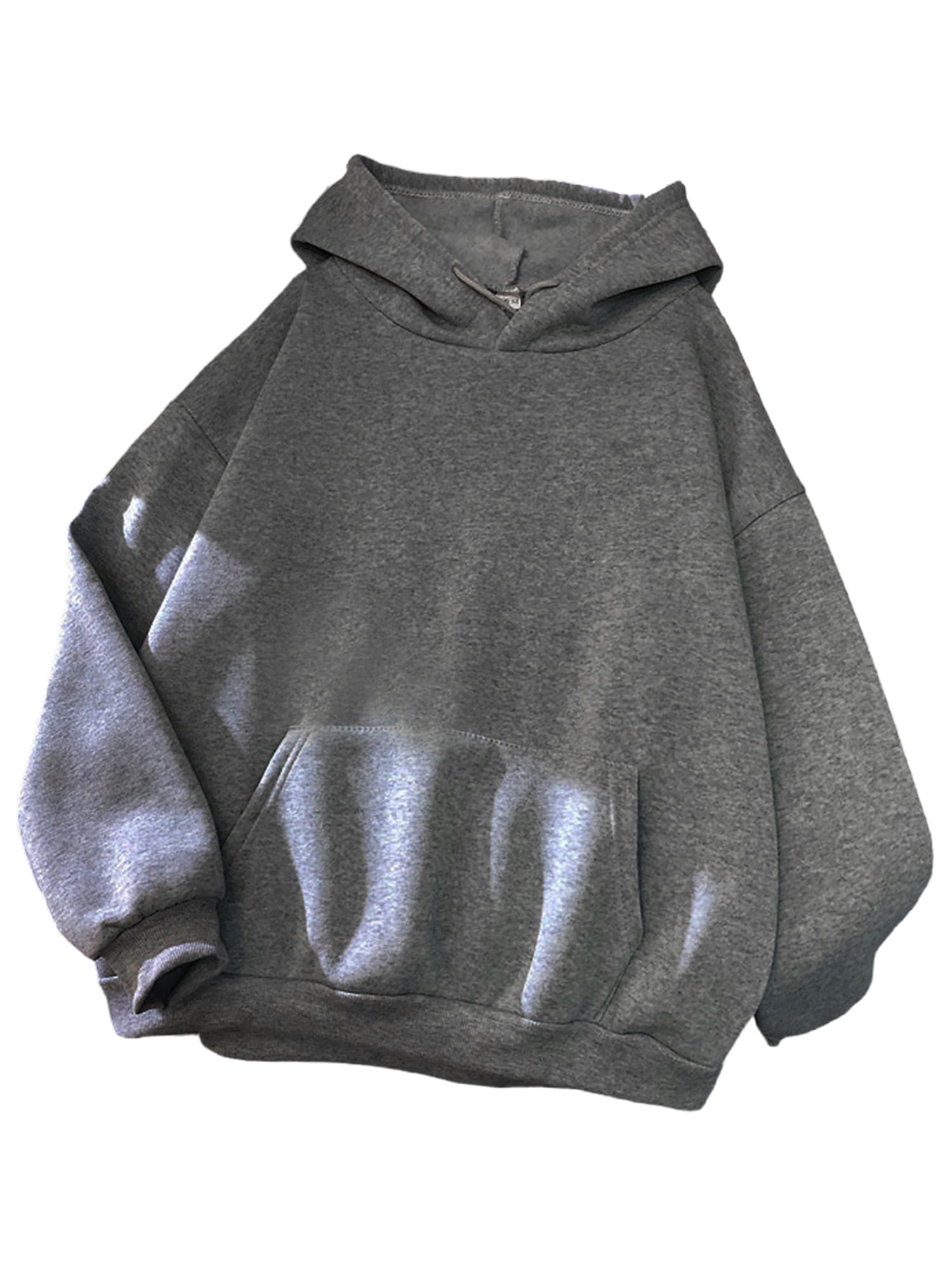 Innerwin Hoodies Fleece Women Sweatshirt Sport Solid Color Loose Fit Hooded Tops Deep Gray L