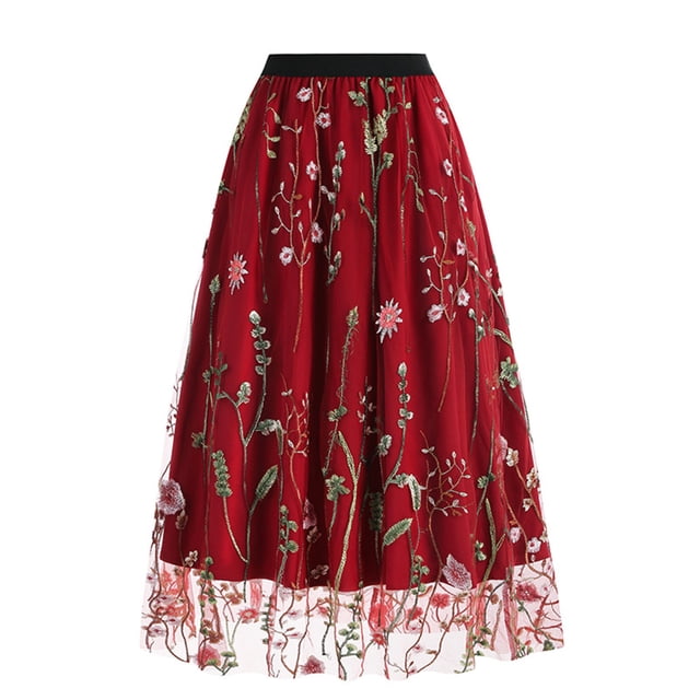 Birdeem Womens Spring and Summer New Retro Slim Mesh Embroidery Half-Body Skirt